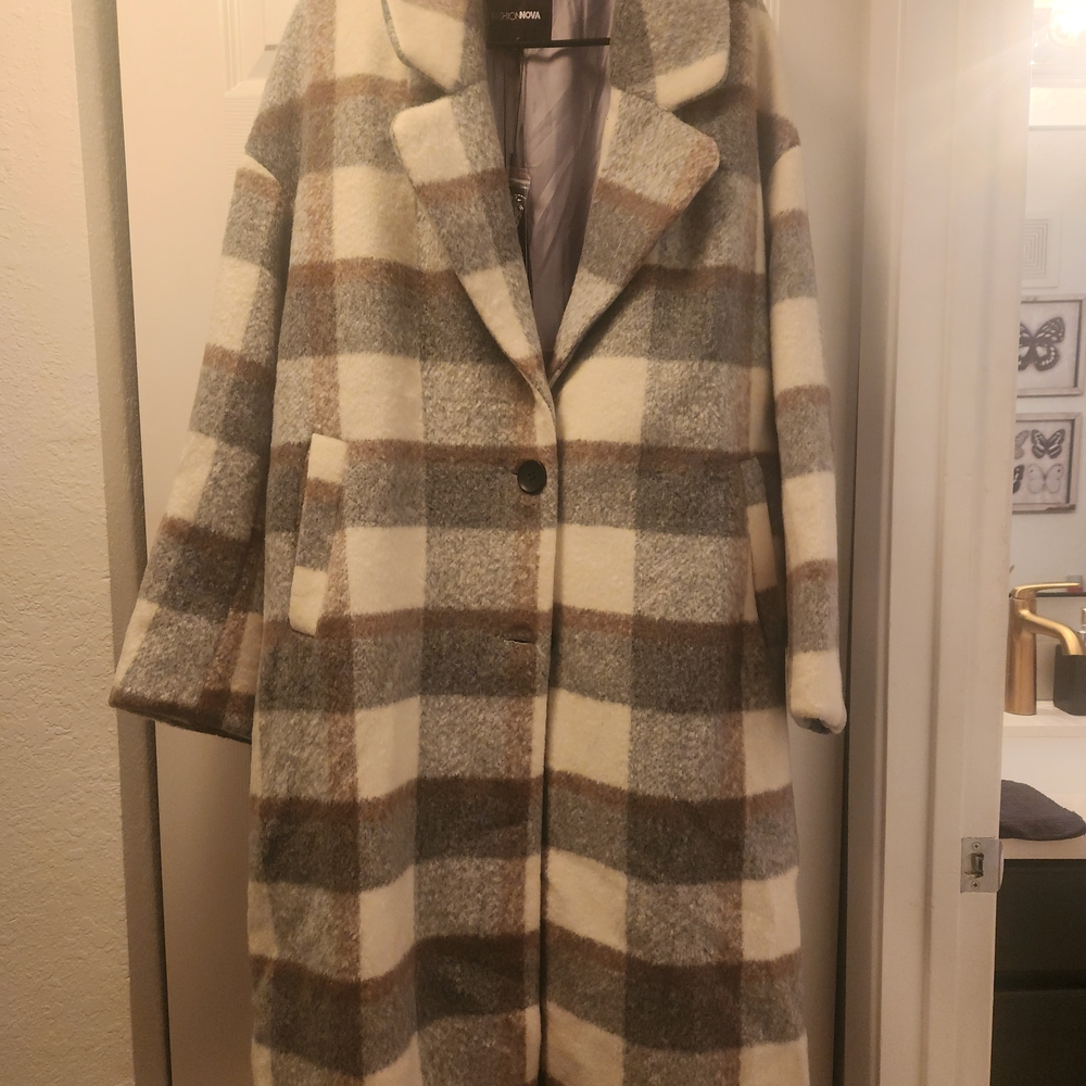 Plaid Pea Coat in Cream and Gray